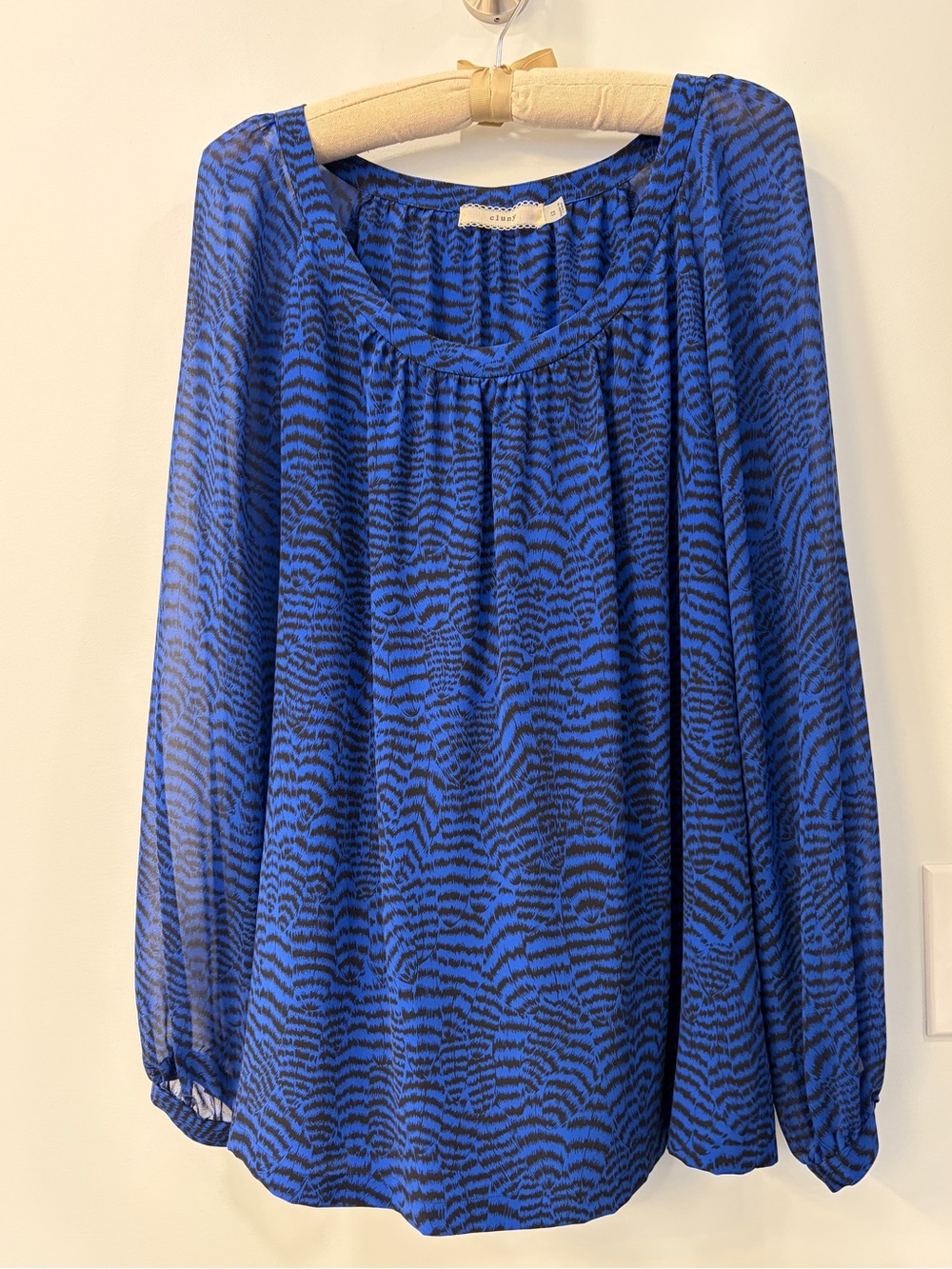 Silk Long-Sleeve Peasant Style Blouse - Blue Animal Print 12